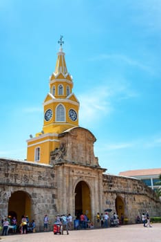 CARTAGENA, COLOMBIA - MAY 23: Vendors in front of the clock tower gate in Cartagena, Colombia on May 23, 2016