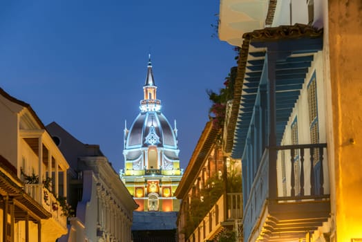Cathedral of Cartagena, Colombia taken in the late evening during the blue hour