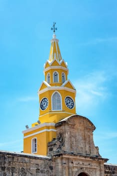 The historic clock tower gate is the main entrance to the colonial center of Cartagena, Colombia