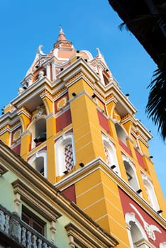 Looking up at the beautiful and colorful cathedral in Cartagena, Colombia