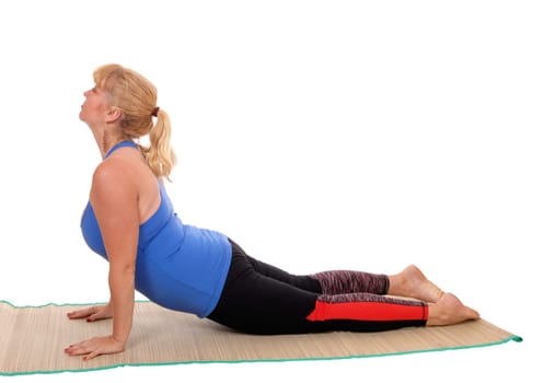 A lovely blond woman in yoga outfit showing some poses for yoga.stretching, isolated for white background..