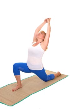 A lovely blond woman in yoga outfit showing some poses for yoga.stretching, isolated for white background..