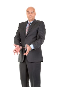 Businessman in handcuffs isolated in white background