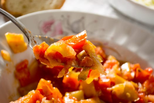 Closeup of vegetable stew with spoon in a dish