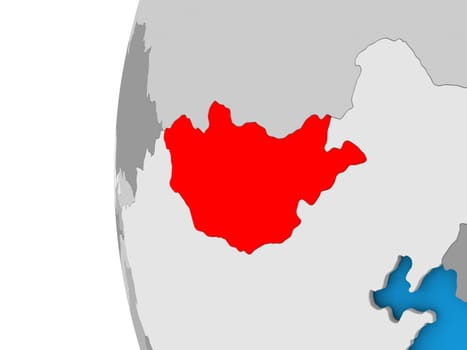 3D map of Mongolia focused in red on simple globe. 3D illustration