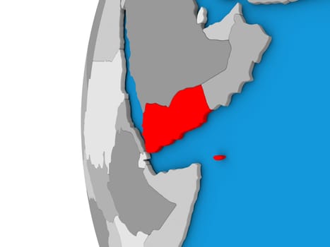 3D map of Yemen focused in red on simple globe. 3D illustration
