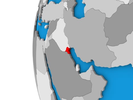 3D map of Kuwait focused in red on simple globe. 3D illustration