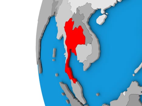 3D map of Thailand focused in red on simple globe. 3D illustration