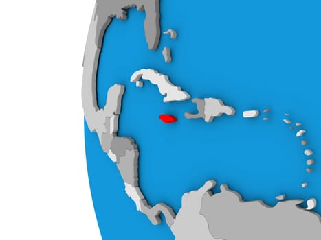 3D map of Jamaica focused in red on simple globe. 3D illustration