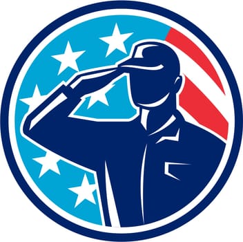 Illustration of an american soldier serviceman silhouette saluting set inside circle with usa flag stars and stripes in the background done in retro style.
