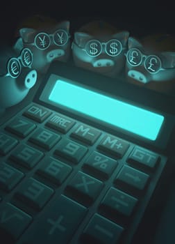 3D illustration, concept of finance and business. Piggy Bank with glasses with sign of money, euro, yen, dollar and pound.