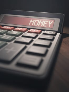 Calculator with the word "MONEY"" on the display. 3D illustration, concept image of Business and Finance."