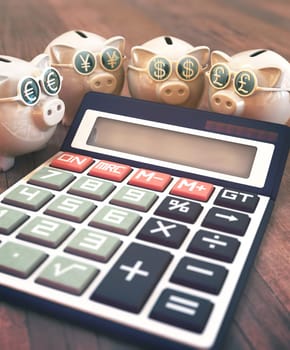 3D illustration, concept of finance and business. Piggy Bank with glasses with sign of money, euro, yen, dollar and pound.