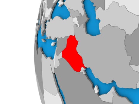 3D map of Iraq focused in red on simple globe. 3D illustration