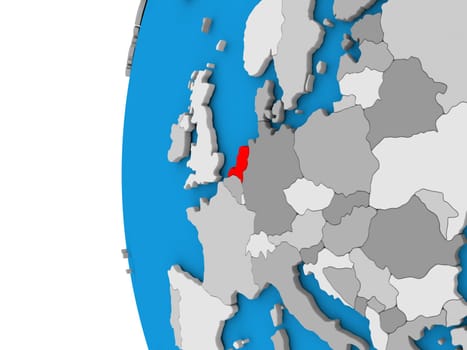 3D map of Netherlands focused in red on simple globe. 3D illustration