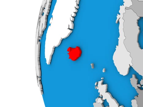 3D map of Iceland focused in red on simple globe. 3D illustration