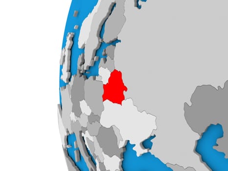 3D map of Belarus focused in red on simple globe. 3D illustration