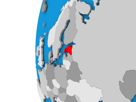 3D map of Estonia focused in red on simple globe. 3D illustration