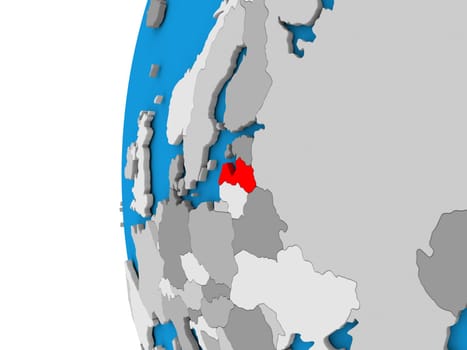 3D map of Latvia focused in red on simple globe. 3D illustration