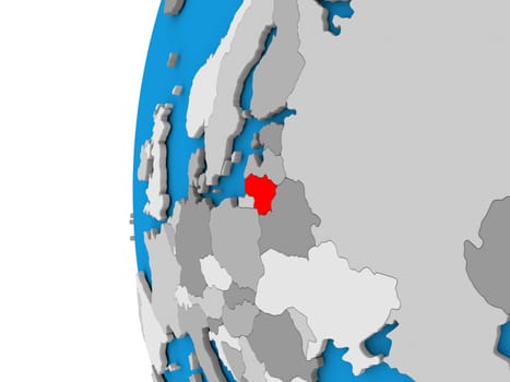 3D map of Lithuania focused in red on simple globe. 3D illustration