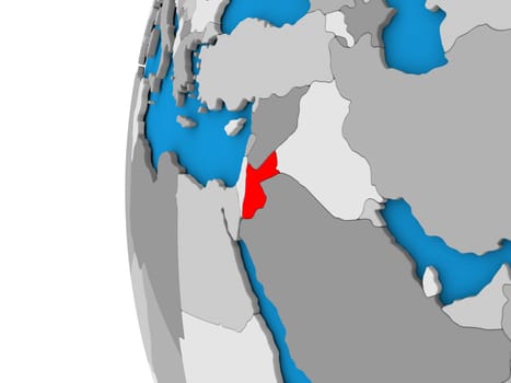 3D map of Jordan focused in red on simple globe. 3D illustration