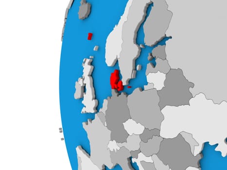 3D map of Denmark focused in red on simple globe. 3D illustration
