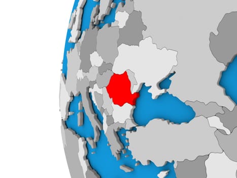 3D map of Romania focused in red on simple globe. 3D illustration