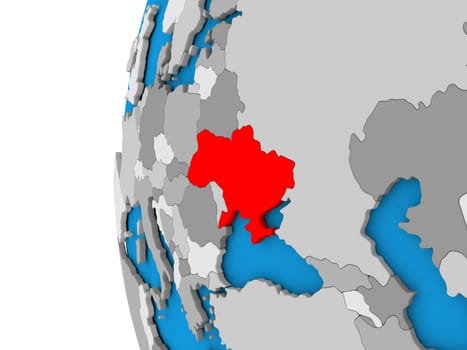 3D map of Ukraine focused in red on simple globe. 3D illustration