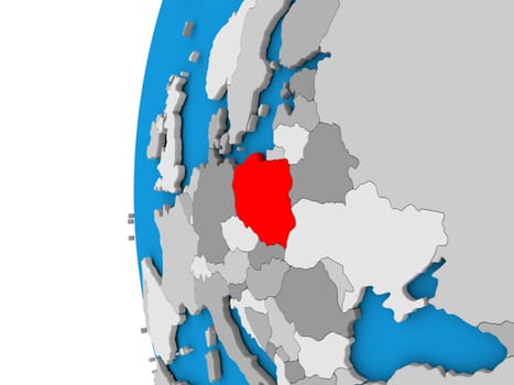 3D map of Poland focused in red on simple globe. 3D illustration