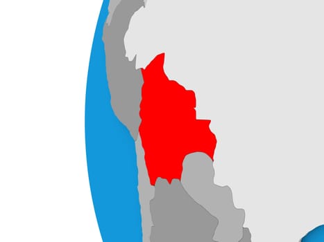 3D map of Bolivia focused in red on simple globe. 3D illustration
