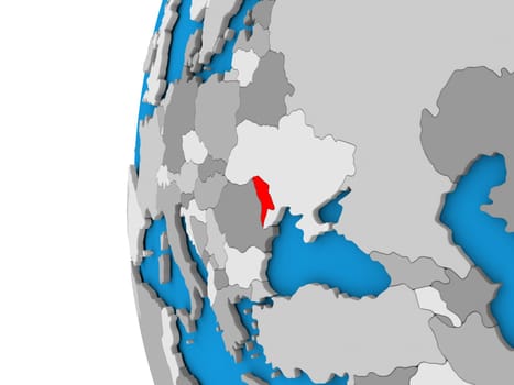 3D map of Moldova focused in red on simple globe. 3D illustration