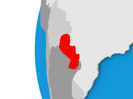 3D map of Paraguay focused in red on simple globe. 3D illustration
