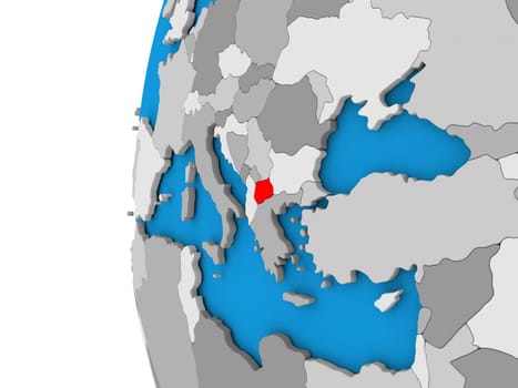 3D map of Macedonia focused in red on simple globe. 3D illustration