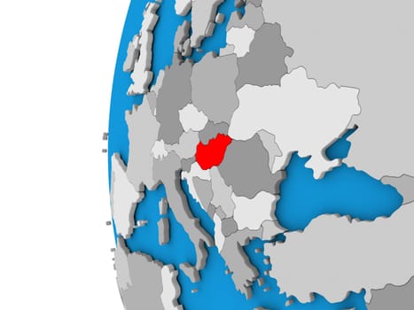 3D map of Hungary focused in red on simple globe. 3D illustration