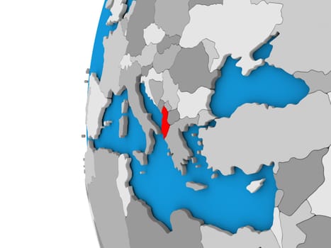 3D map of Albania focused in red on simple globe. 3D illustration
