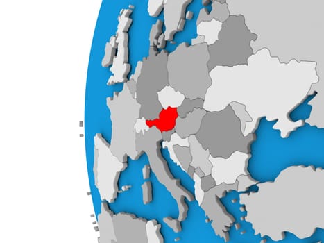 3D map of Austria focused in red on simple globe. 3D illustration