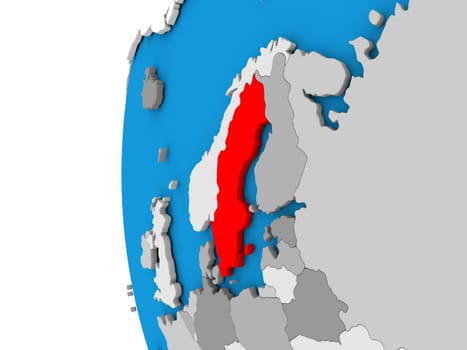 3D map of Sweden focused in red on simple globe. 3D illustration