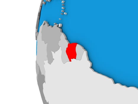 3D map of Suriname focused in red on simple globe. 3D illustration