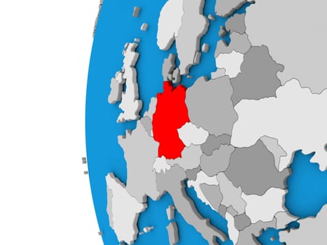 3D map of Germany focused in red on simple globe. 3D illustration