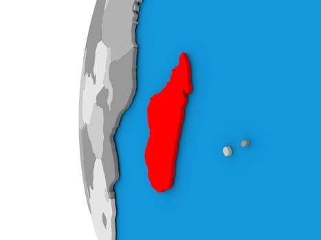 3D map of Madagascar focused in red on simple globe. 3D illustration