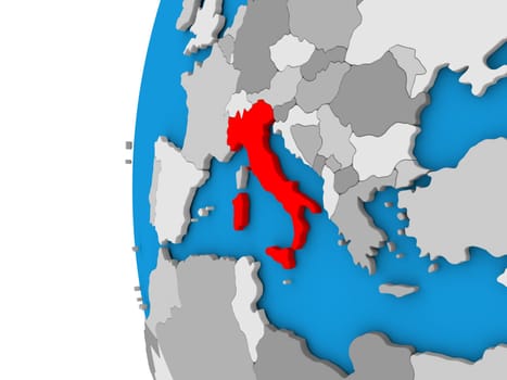 3D map of Italy focused in red on simple globe. 3D illustration