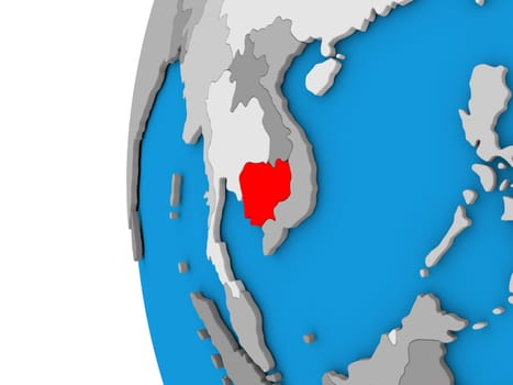 3D map of Cambodia focused in red on simple globe. 3D illustration