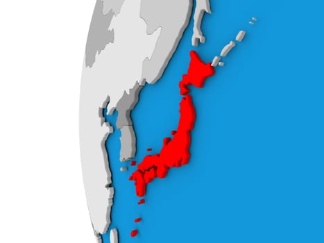 3D map of Japan focused in red on simple globe. 3D illustration