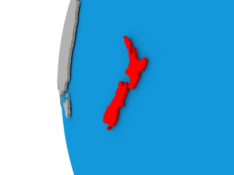 3D map of New Zealand focused in red on simple globe. 3D illustration