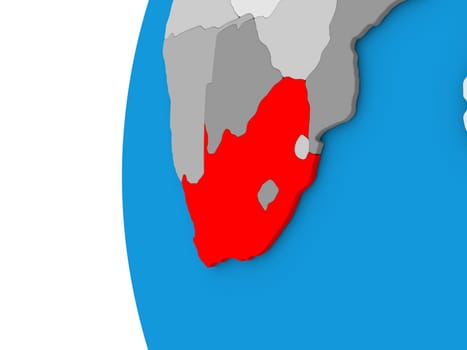 3D map of South Africa focused in red on simple globe. 3D illustration