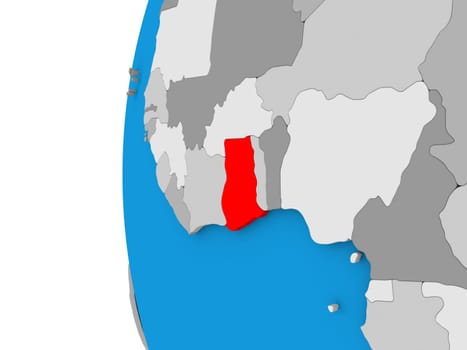 3D map of Ghana focused in red on simple globe. 3D illustration
