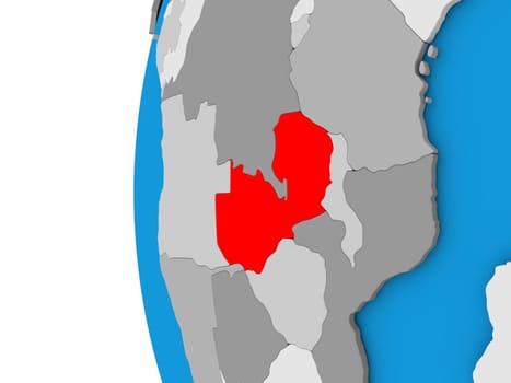 3D map of Zambia focused in red on simple globe. 3D illustration