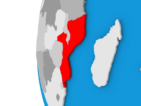 3D map of Mozambique focused in red on simple globe. 3D illustration
