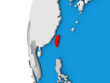 3D map of Taiwan focused in red on simple globe. 3D illustration