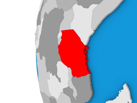 3D map of Tanzania focused in red on simple globe. 3D illustration